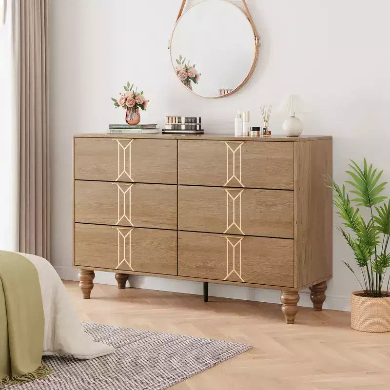 Cassettiera moderna a 6 cassetti con design a rombi vintage, comò bianco e nero, ampio spazio contenitivo con finitura impermeabile, maniglie in metallo per soggiorno