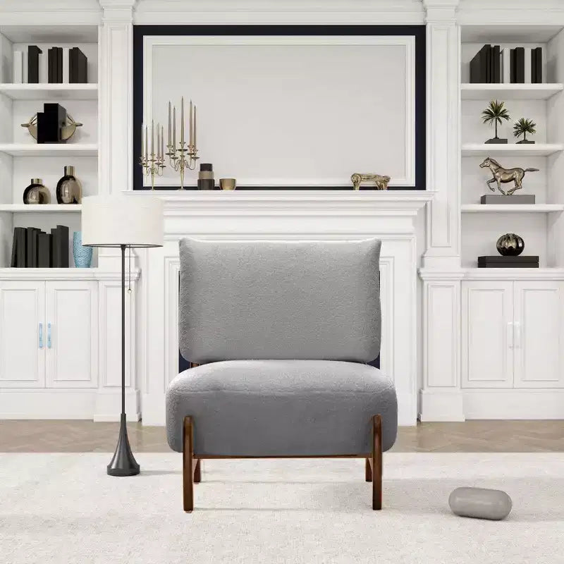 TUYOHW Poltrona Moderna con Accenti in Legno, Sedia da Lettura Senza Braccioli Imbottita in Morbido Tessuto Teddy con Gambe in Legno, Sedie Basse per Soggiorno, Camera da Letto