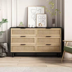 JVNOXK 51.18-inch 6-Drawer Modern Natural Rattan Storage Cabinet with Smooth-Gliding Rails, Suitable for Bedrooms and Living Rooms, Black