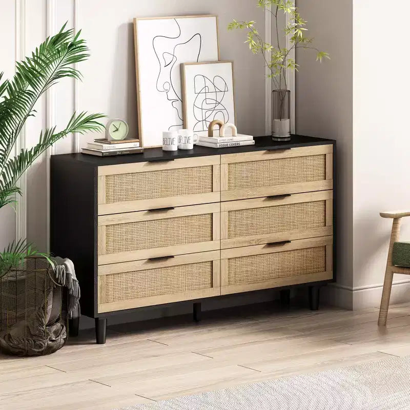 JVNOXK Mobile contenitore moderno da 130 cm con 6 cassetti in rattan naturale e guide scorrevoli, adatto per camere da letto e soggiorni, nero