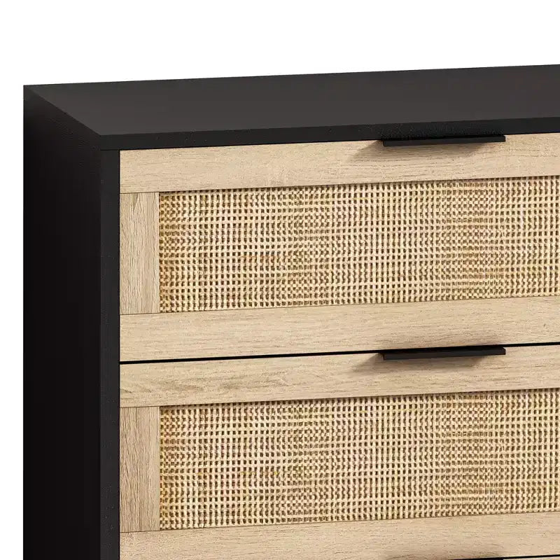 JVNOXK Mobile contenitore moderno da 130 cm con 6 cassetti in rattan naturale e guide scorrevoli, adatto per camere da letto e soggiorni, nero