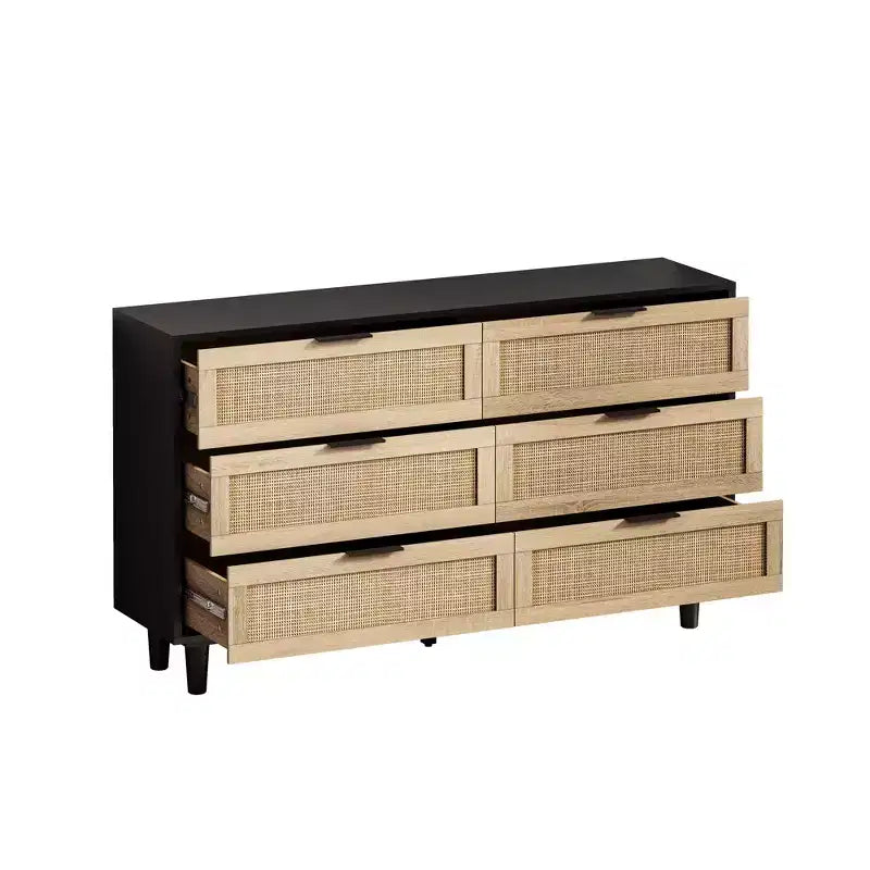 JVNOXK Mobile contenitore moderno da 130 cm con 6 cassetti in rattan naturale e guide scorrevoli, adatto per camere da letto e soggiorni, nero
