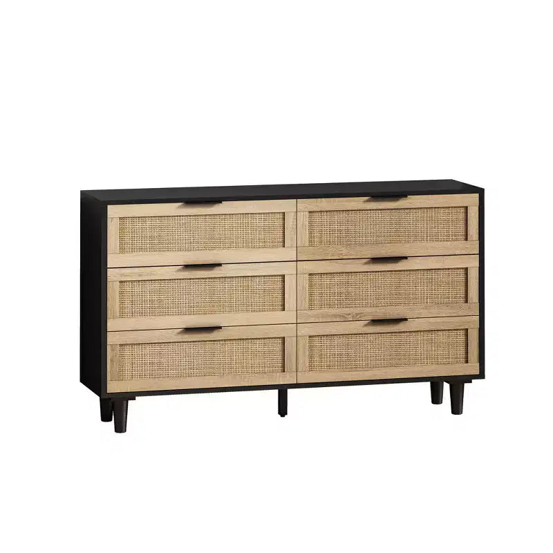 JVNOXK Mobile contenitore moderno da 130 cm con 6 cassetti in rattan naturale e guide scorrevoli, adatto per camere da letto e soggiorni, nero