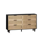 JVNOXK Mobile contenitore moderno da 130 cm con 6 cassetti in rattan naturale e guide scorrevoli, adatto per camere da letto e soggiorni, nero