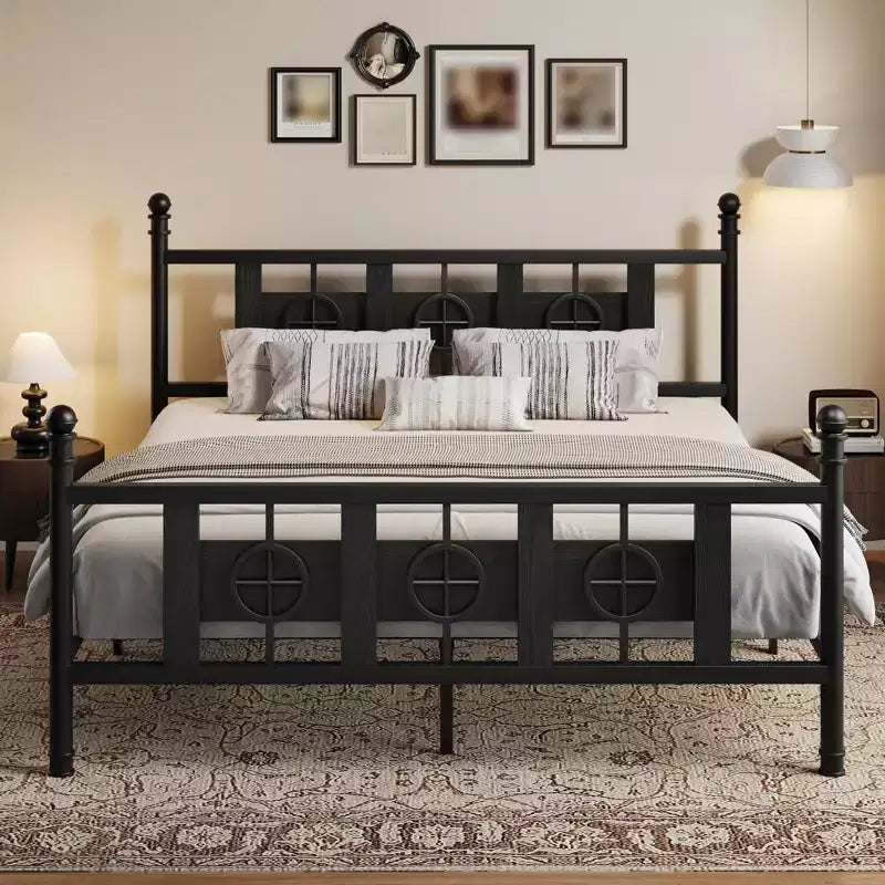 Struttura letto in metallo per zona pranzo Testiera e pediera vintage, Dettagli circolari, Spazio contenitore sotto il letto, Facile da montare