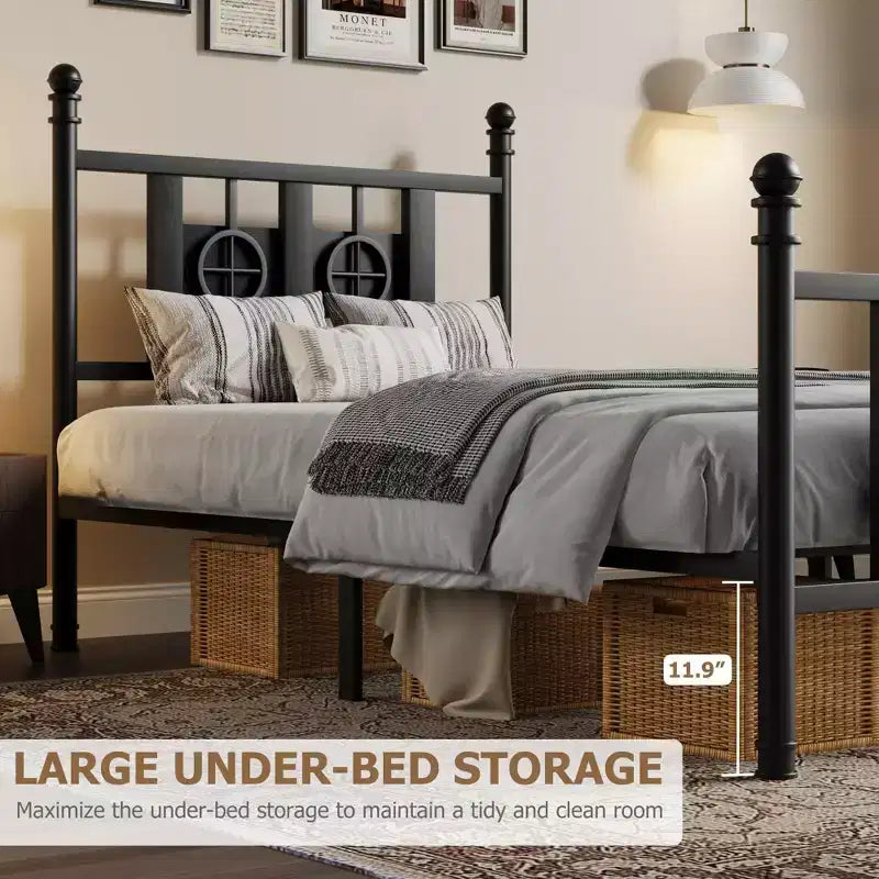 Struttura letto in metallo per zona pranzo Testiera e pediera vintage, Dettagli circolari, Spazio contenitore sotto il letto, Facile da montare