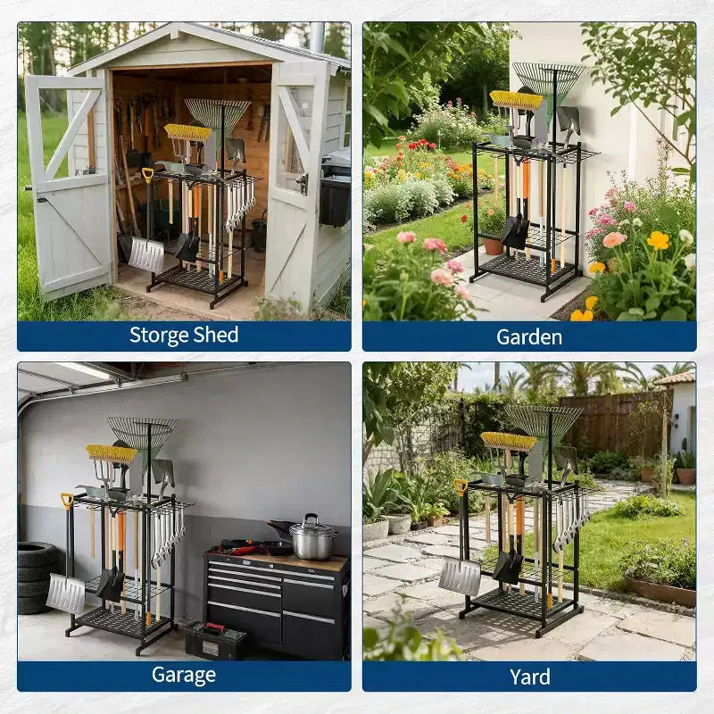 Organizer per attrezzi da giardino in acciaio a 3 ripiani, scaffale portaoggetti autoportante con fessure e ganci per attrezzi a manico lungo, contiene fino a 35 attrezzi per garage, ripostiglio, cortile