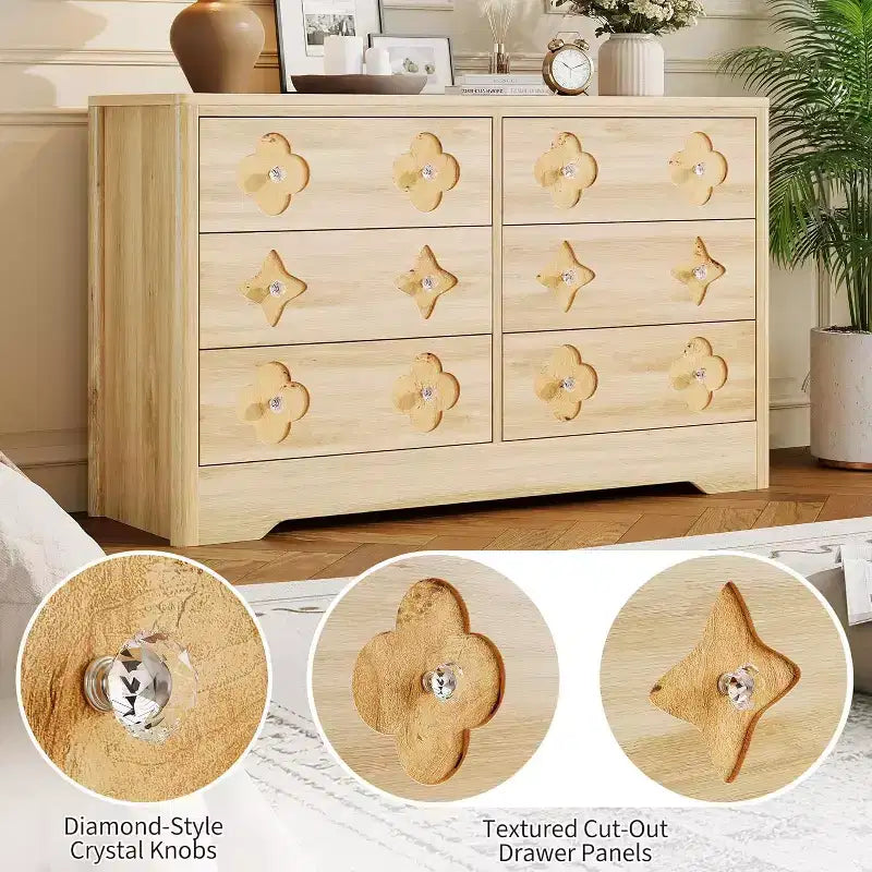 Comò per camera da letto con 6 cassetti, comò da 120 cm di larghezza con frontale cassetto grande decorativo e ampio armadio per vestiti, comò in legno per camera da letto