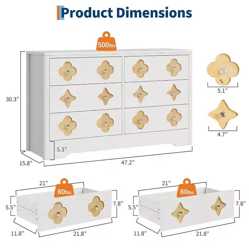 Comò per camera da letto con 6 cassetti, comò da 120 cm di larghezza con frontale cassetto grande decorativo e ampio armadio per vestiti, comò in legno per camera da letto