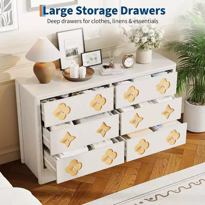 Comò per camera da letto con 6 cassetti, comò da 120 cm di larghezza con frontale cassetto grande decorativo e ampio armadio per vestiti, comò in legno per camera da letto