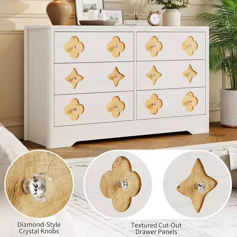Comò per camera da letto con 6 cassetti, comò da 120 cm di larghezza con frontale cassetto grande decorativo e ampio armadio per vestiti, comò in legno per camera da letto