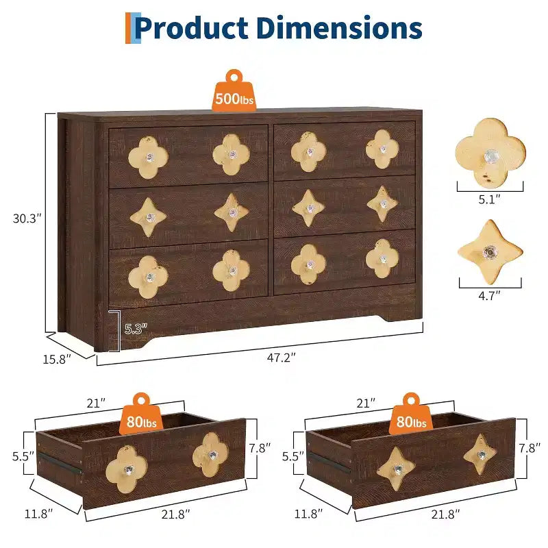 Comò per camera da letto con 6 cassetti, comò da 120 cm di larghezza con frontale cassetto grande decorativo e ampio armadio per vestiti, comò in legno per camera da letto