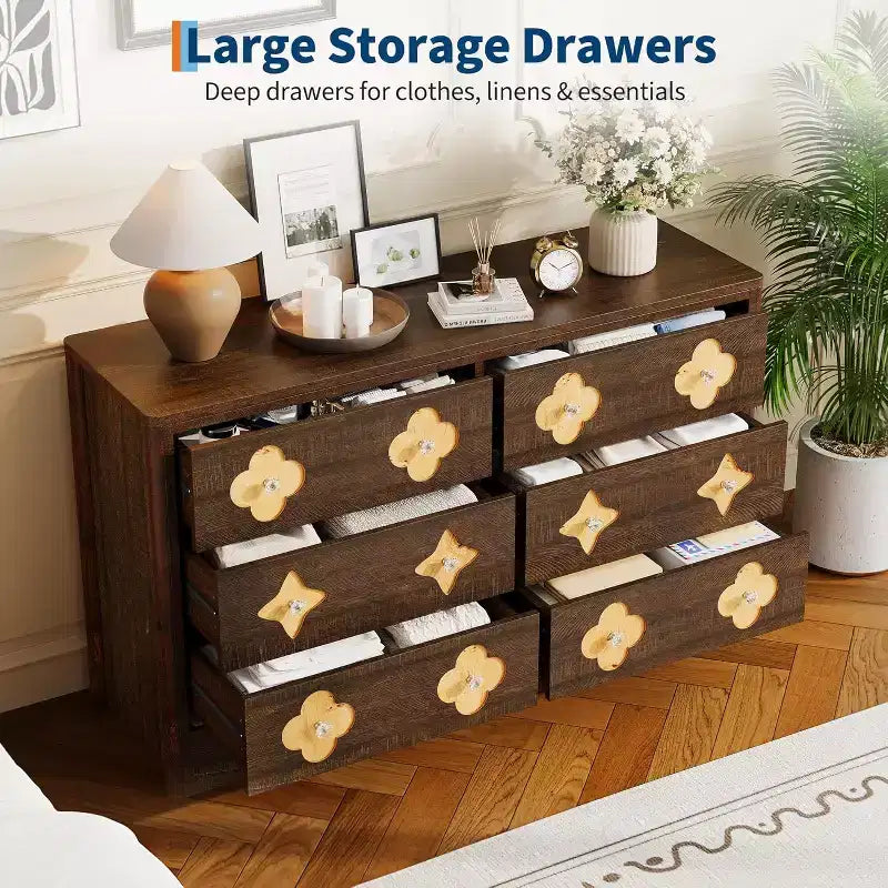 Comò per camera da letto con 6 cassetti, comò da 120 cm di larghezza con frontale cassetto grande decorativo e ampio armadio per vestiti, comò in legno per camera da letto