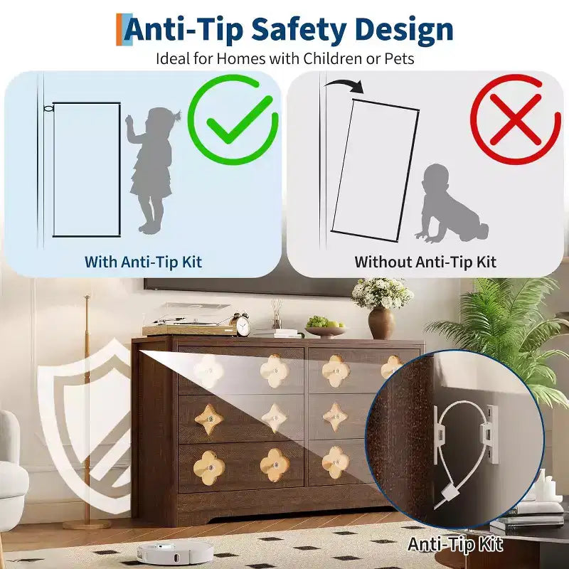 Comò per camera da letto con 6 cassetti, comò da 120 cm di larghezza con frontale cassetto grande decorativo e ampio armadio per vestiti, comò in legno per camera da letto