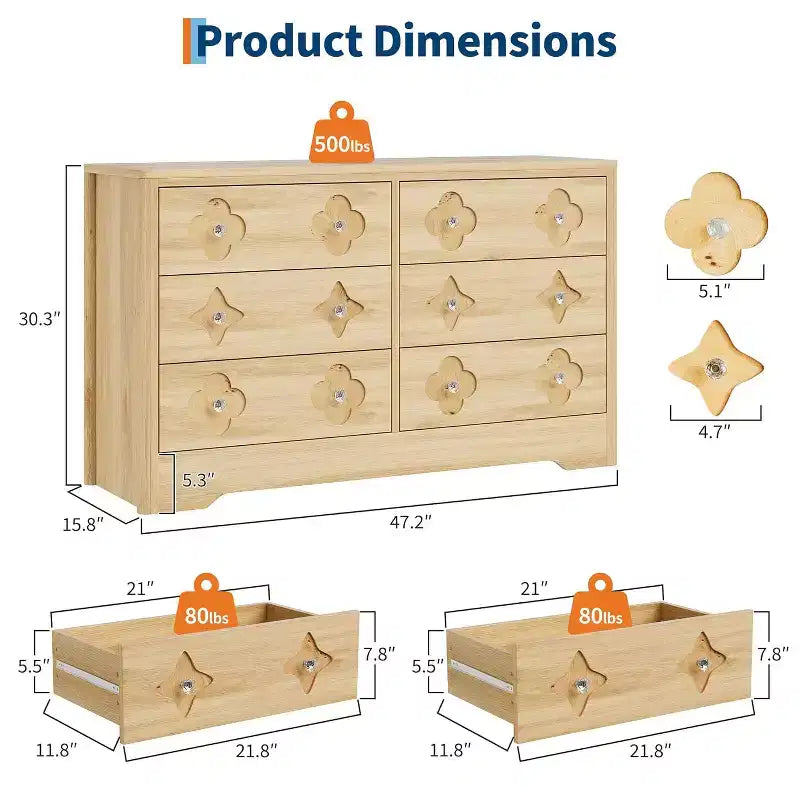 Comò per camera da letto con 6 cassetti, comò da 120 cm di larghezza con frontale cassetto grande decorativo e ampio armadio per vestiti, comò in legno per camera da letto
