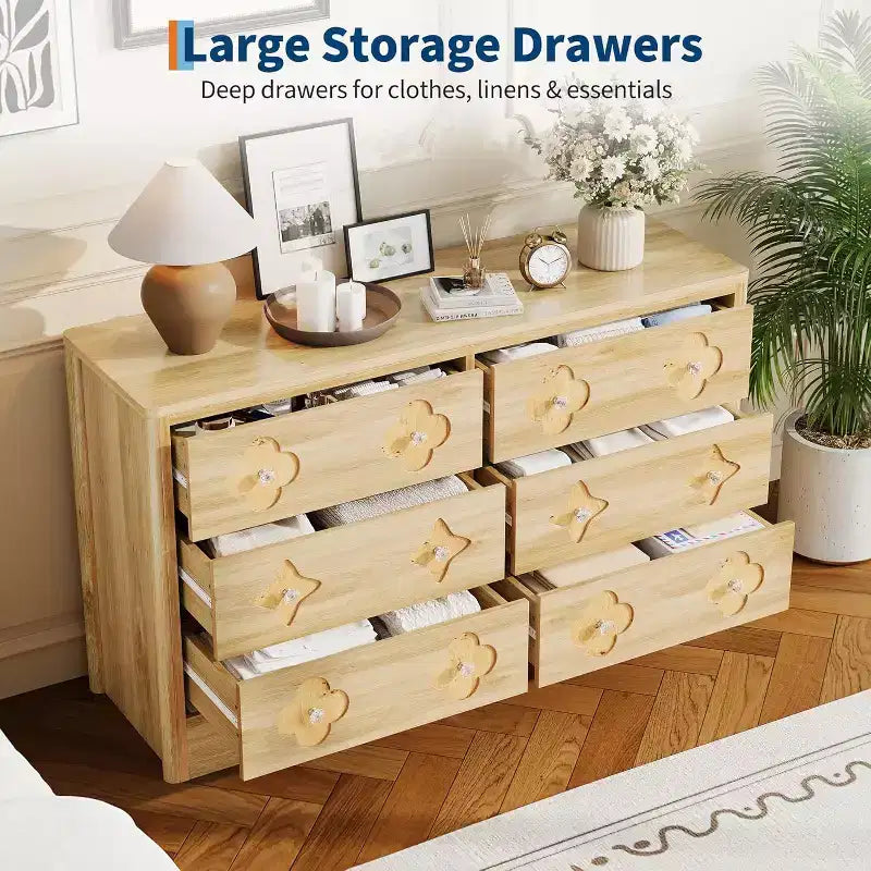 Comò per camera da letto con 6 cassetti, comò da 120 cm di larghezza con frontale cassetto grande decorativo e ampio armadio per vestiti, comò in legno per camera da letto