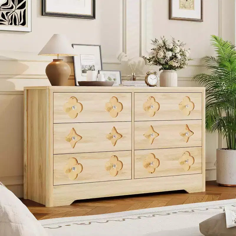 Comò per camera da letto con 6 cassetti, comò da 120 cm di larghezza con frontale cassetto grande decorativo e ampio armadio per vestiti, comò in legno per camera da letto