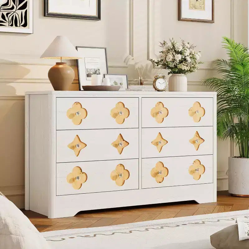 Comò per camera da letto con 6 cassetti, comò da 120 cm di larghezza con frontale cassetto grande decorativo e ampio armadio per vestiti, comò in legno per camera da letto