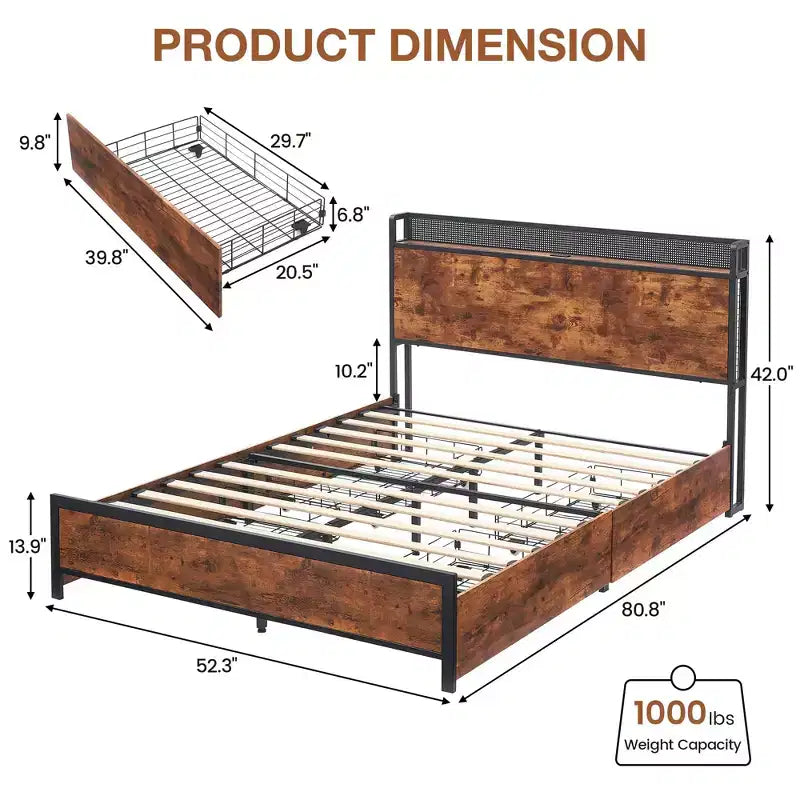 GustoWave Letto a piattaforma in legno massiccio, matrimoniale/queen size, con 4 cassetti contenitore e testiera con stazione di ricarica - Marrone