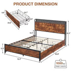 GustoWave Letto a piattaforma in legno massiccio, matrimoniale/queen size, con 4 cassetti contenitore e testiera con stazione di ricarica - Marrone