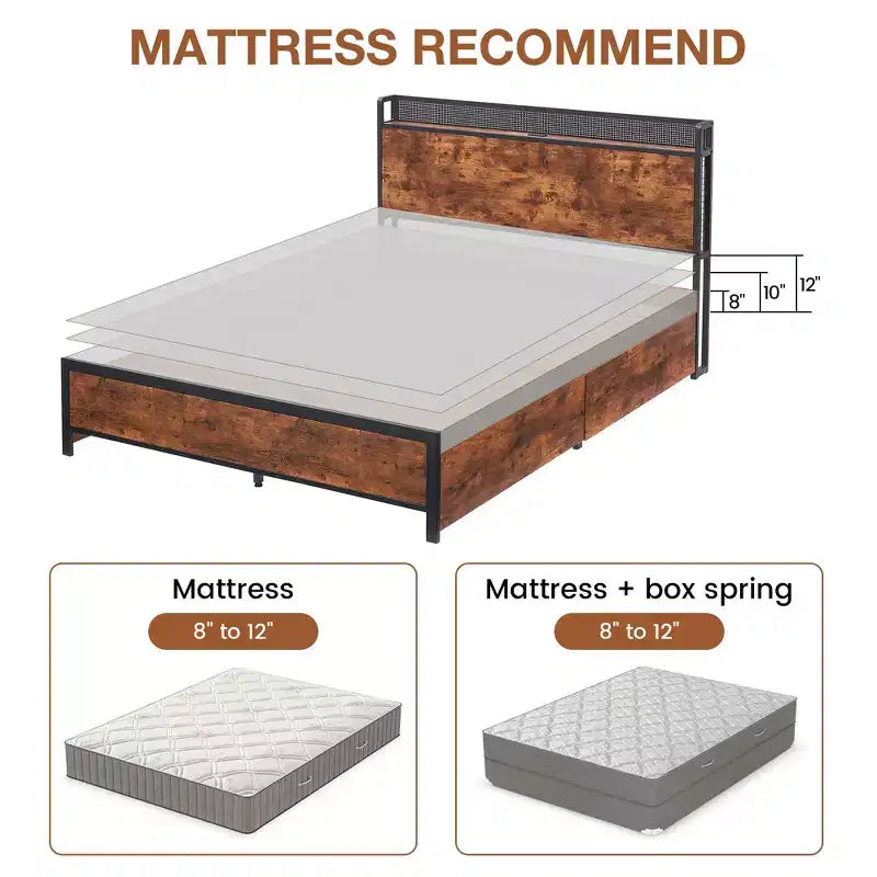 GustoWave Letto a piattaforma in legno massiccio, matrimoniale/queen size, con 4 cassetti contenitore e testiera con stazione di ricarica - Marrone