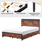 GustoWave Letto a piattaforma in legno massiccio, matrimoniale/queen size, con 4 cassetti contenitore e testiera con stazione di ricarica - Marrone