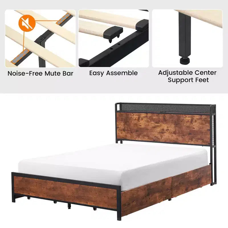 GustoWave Letto a piattaforma in legno massiccio, matrimoniale/queen size, con 4 cassetti contenitore e testiera con stazione di ricarica - Marrone