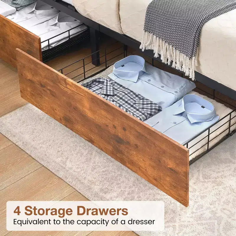 GustoWave Letto a piattaforma in legno massiccio, matrimoniale/queen size, con 4 cassetti contenitore e testiera con stazione di ricarica - Marrone