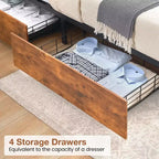 GustoWave Letto a piattaforma in legno massiccio, matrimoniale/queen size, con 4 cassetti contenitore e testiera con stazione di ricarica - Marrone