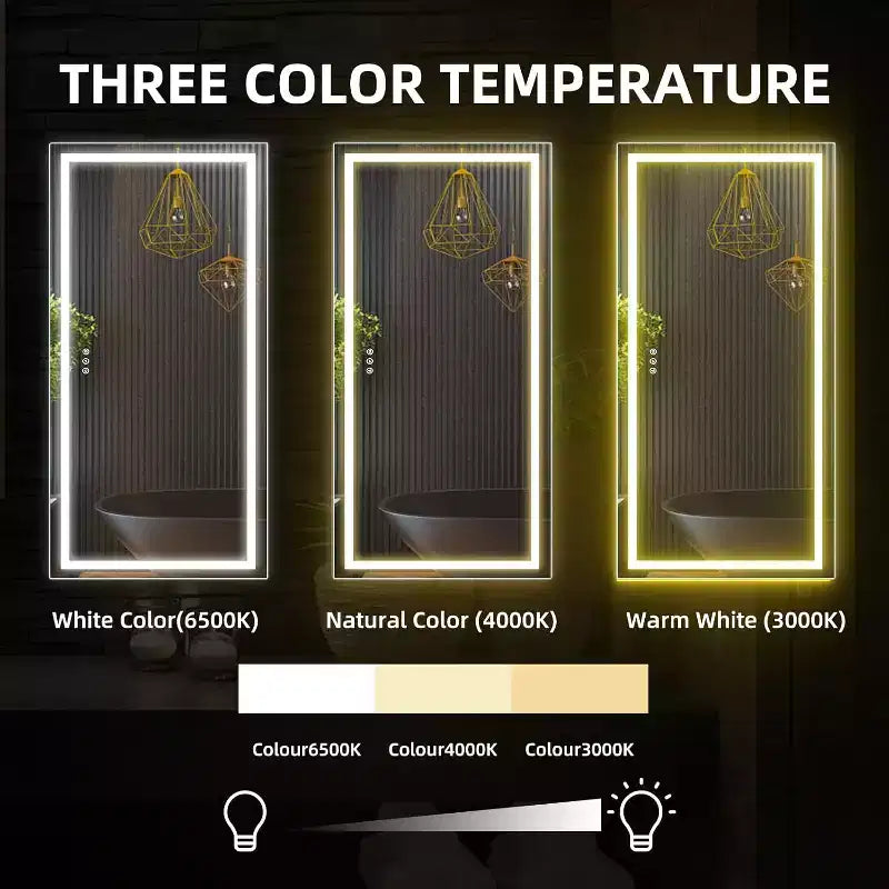Specchio da bagno, specchi da parete dimmerabili senza interruzioni in vetro temperato con anti-appannamento, anti-frantumazione, memoria, 3 colori