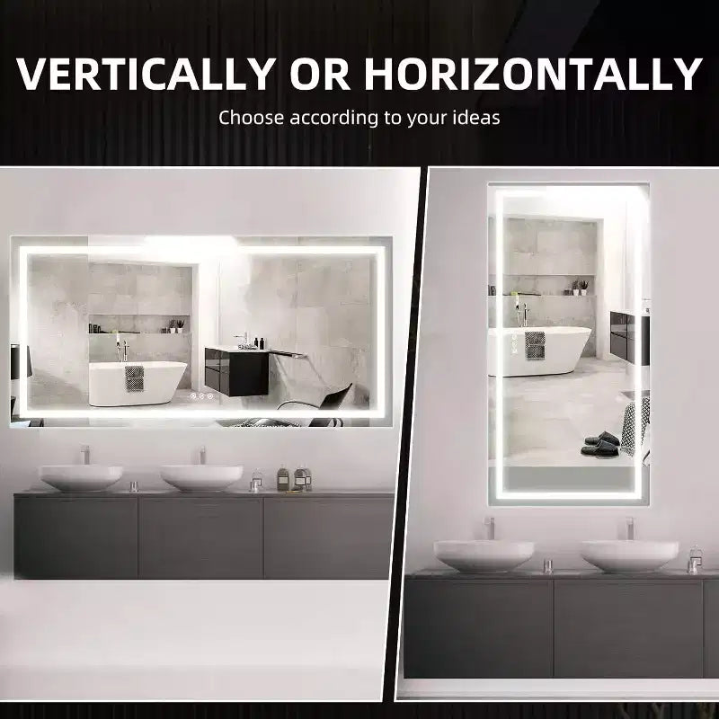 Specchio da bagno, specchi da parete dimmerabili senza interruzioni in vetro temperato con anti-appannamento, anti-frantumazione, memoria, 3 colori