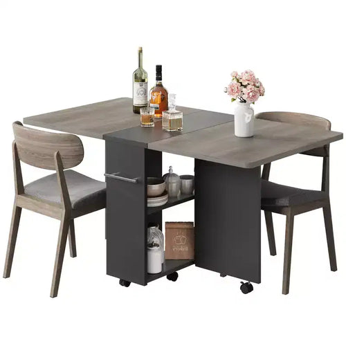 Table à manger pliante 4 personnes avec plateau relevable – 6 roulettes, étagère de rangement et tiroir