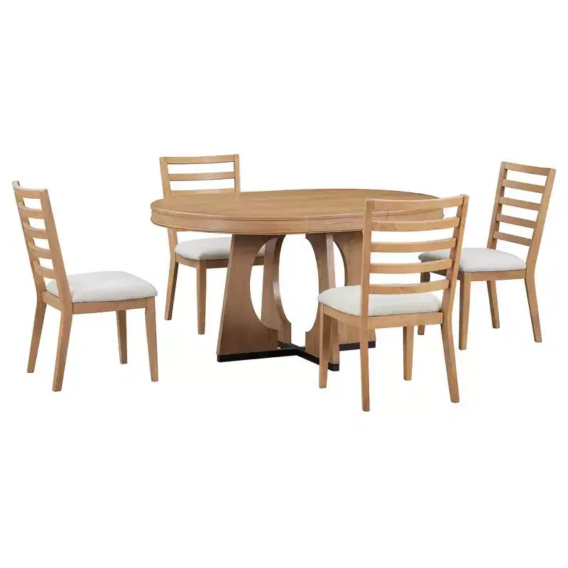 Set da pranzo rotondo allungabile in stile rustico per 4 persone, tavolo rotondo da cucina in legno con prolunga, 4 sedie imbottite per sala da pranzo