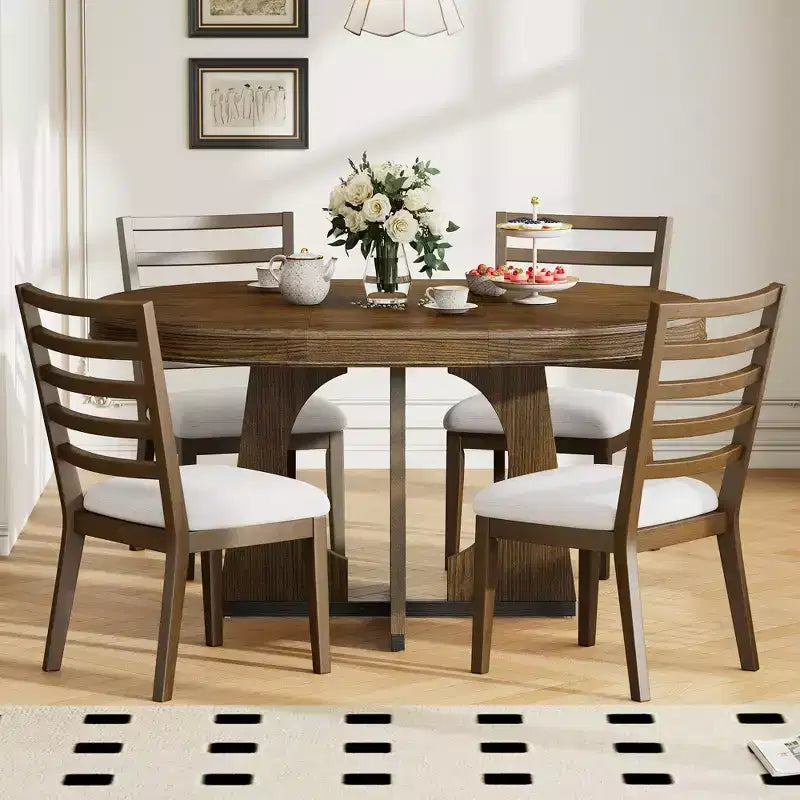 Set da pranzo rotondo allungabile in stile rustico per 4 persone, tavolo rotondo da cucina in legno con prolunga, 4 sedie imbottite per sala da pranzo