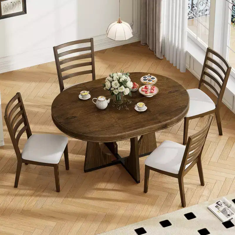 Set da pranzo rotondo allungabile in stile rustico per 4 persone, tavolo rotondo da cucina in legno con prolunga, 4 sedie imbottite per sala da pranzo