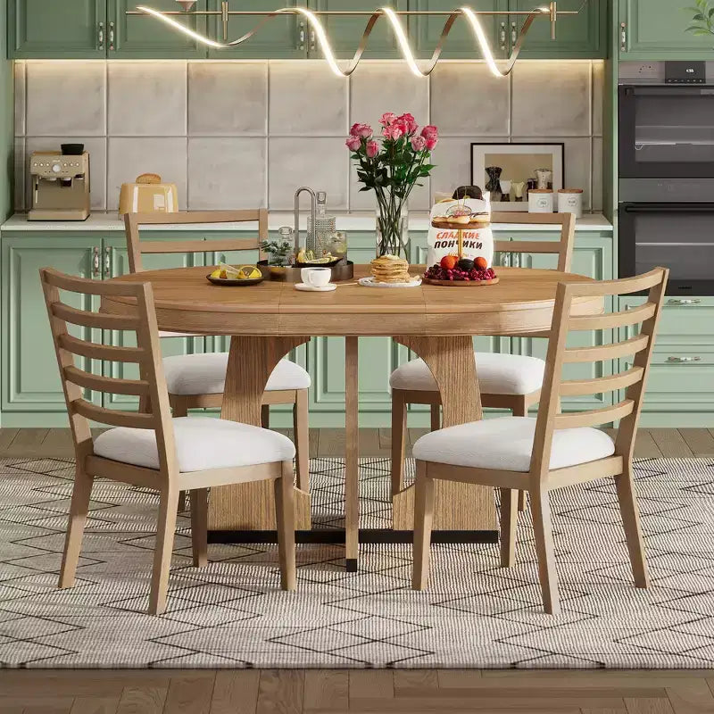 Set da pranzo rotondo allungabile in stile rustico per 4 persone, tavolo rotondo da cucina in legno con prolunga, 4 sedie imbottite per sala da pranzo