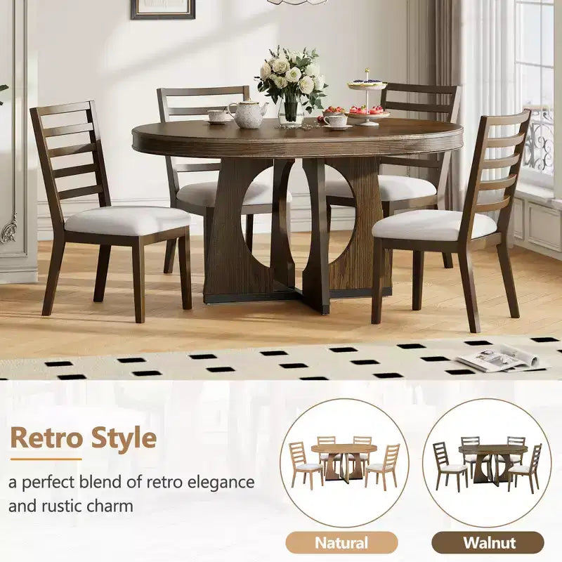 Set da pranzo rotondo allungabile in stile rustico per 4 persone, tavolo rotondo da cucina in legno con prolunga, 4 sedie imbottite per sala da pranzo