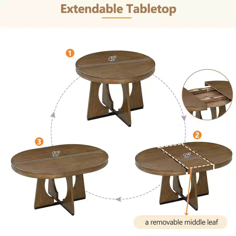 Set da pranzo rotondo allungabile in stile rustico per 4 persone, tavolo rotondo da cucina in legno con prolunga, 4 sedie imbottite per sala da pranzo
