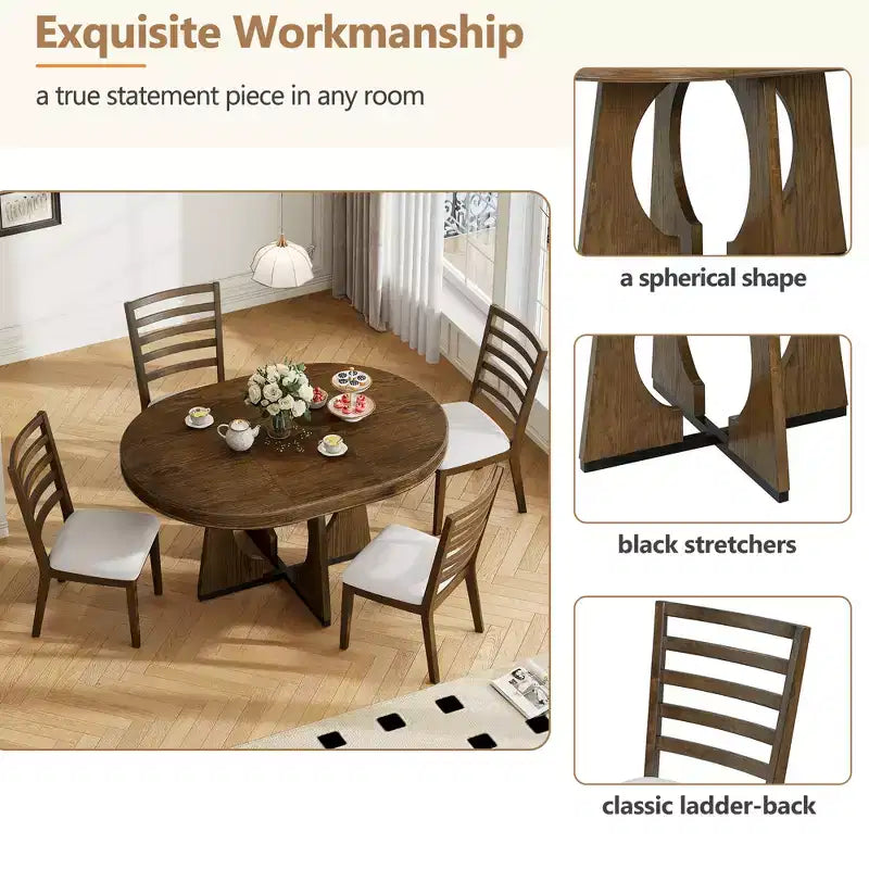Set da pranzo rotondo allungabile in stile rustico per 4 persone, tavolo rotondo da cucina in legno con prolunga, 4 sedie imbottite per sala da pranzo