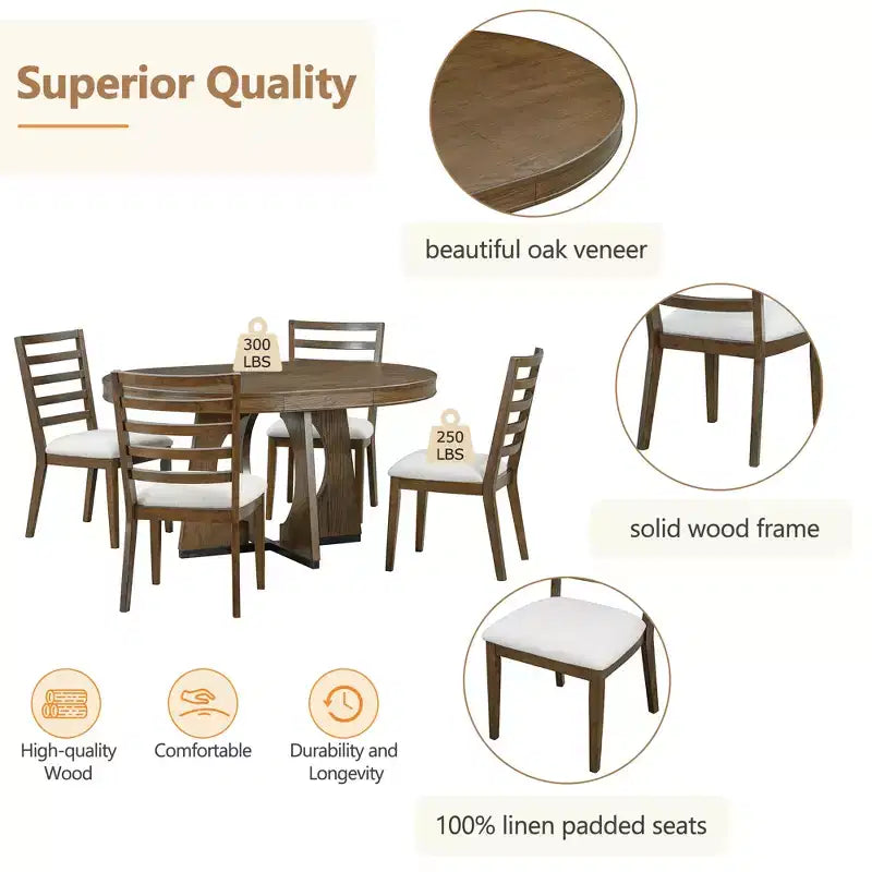 Set da pranzo rotondo allungabile in stile rustico per 4 persone, tavolo rotondo da cucina in legno con prolunga, 4 sedie imbottite per sala da pranzo