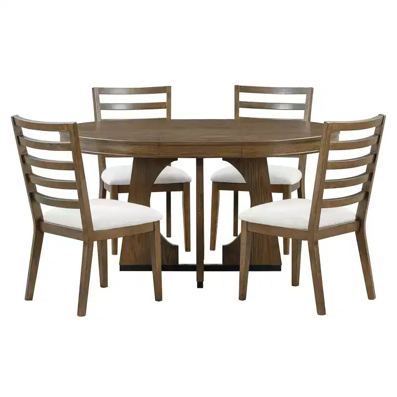 Set da pranzo rotondo allungabile in stile rustico per 4 persone, tavolo rotondo da cucina in legno con prolunga, 4 sedie imbottite per sala da pranzo
