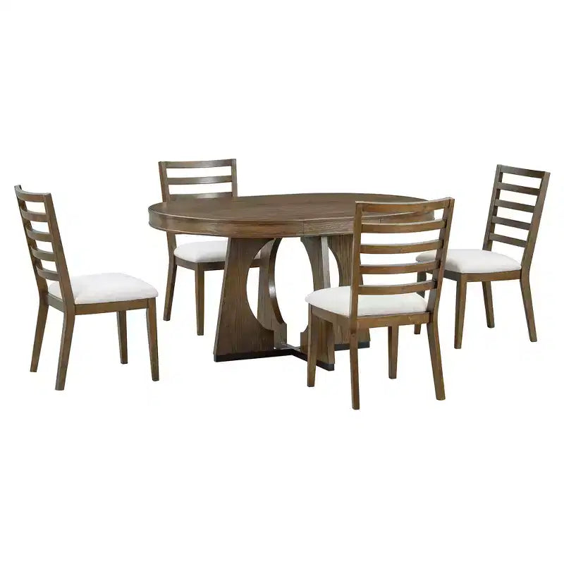 Set da pranzo rotondo allungabile in stile rustico per 4 persone, tavolo rotondo da cucina in legno con prolunga, 4 sedie imbottite per sala da pranzo