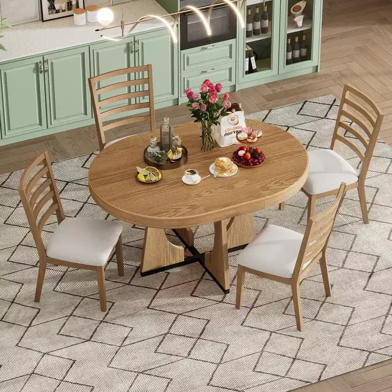 Set da pranzo rotondo allungabile in stile rustico per 4 persone, tavolo rotondo da cucina in legno con prolunga, 4 sedie imbottite per sala da pranzo