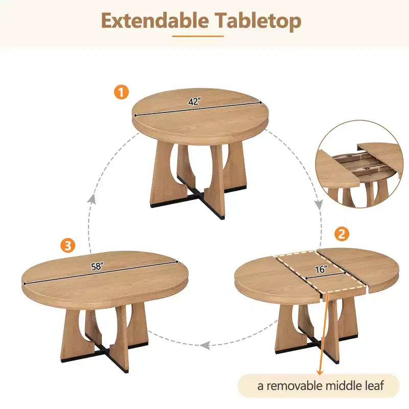 Set da pranzo rotondo allungabile in stile rustico per 4 persone, tavolo rotondo da cucina in legno con prolunga, 4 sedie imbottite per sala da pranzo