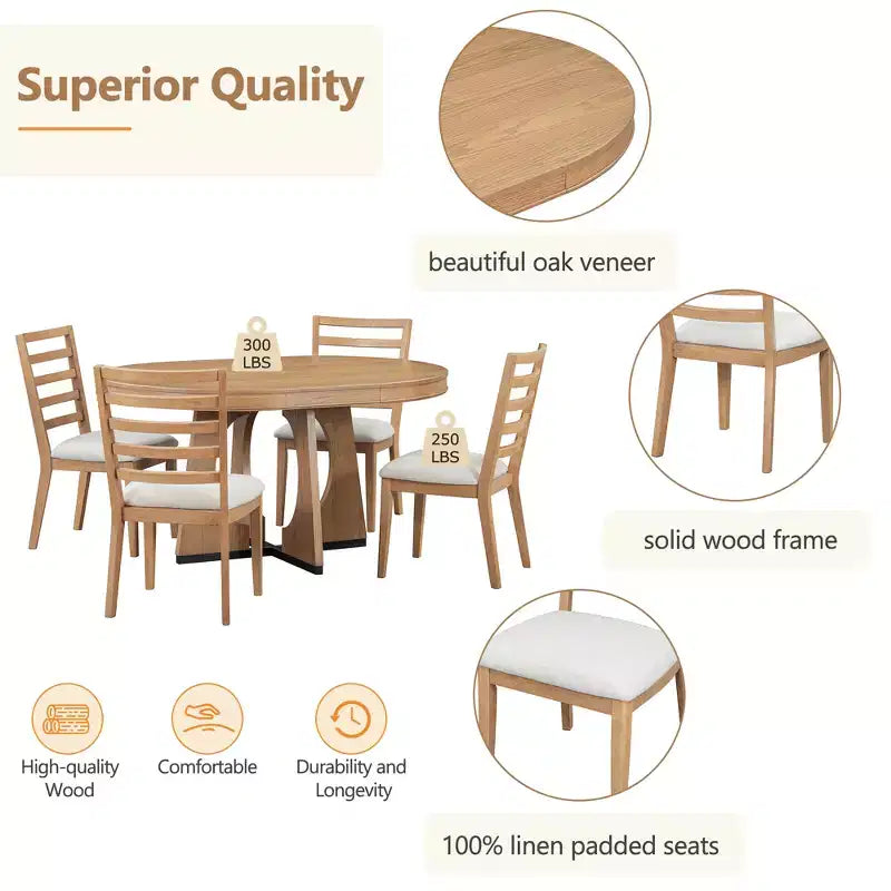 Set da pranzo rotondo allungabile in stile rustico per 4 persone, tavolo rotondo da cucina in legno con prolunga, 4 sedie imbottite per sala da pranzo