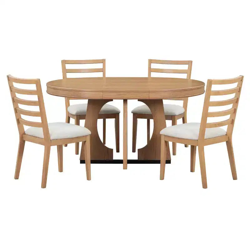 Set da pranzo rotondo allungabile in stile rustico per 4 persone, tavolo rotondo da cucina in legno con prolunga, 4 sedie imbottite per sala da pranzo