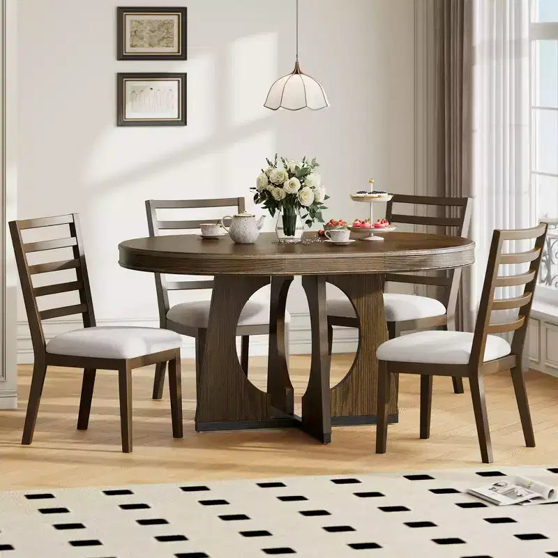 Set da pranzo rotondo allungabile in stile rustico per 4 persone, tavolo rotondo da cucina in legno con prolunga, 4 sedie imbottite per sala da pranzo