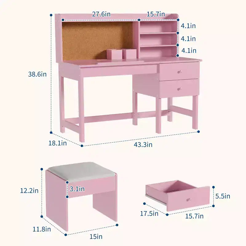 Acekool Set Scrivania e Sedia per Bambini, Scrivania Inclinabile Regolabile con Cassetti e Pannello in Sughero, per Bambini dai 3 agli 8 Anni, Bianco/Rosa/Blu
