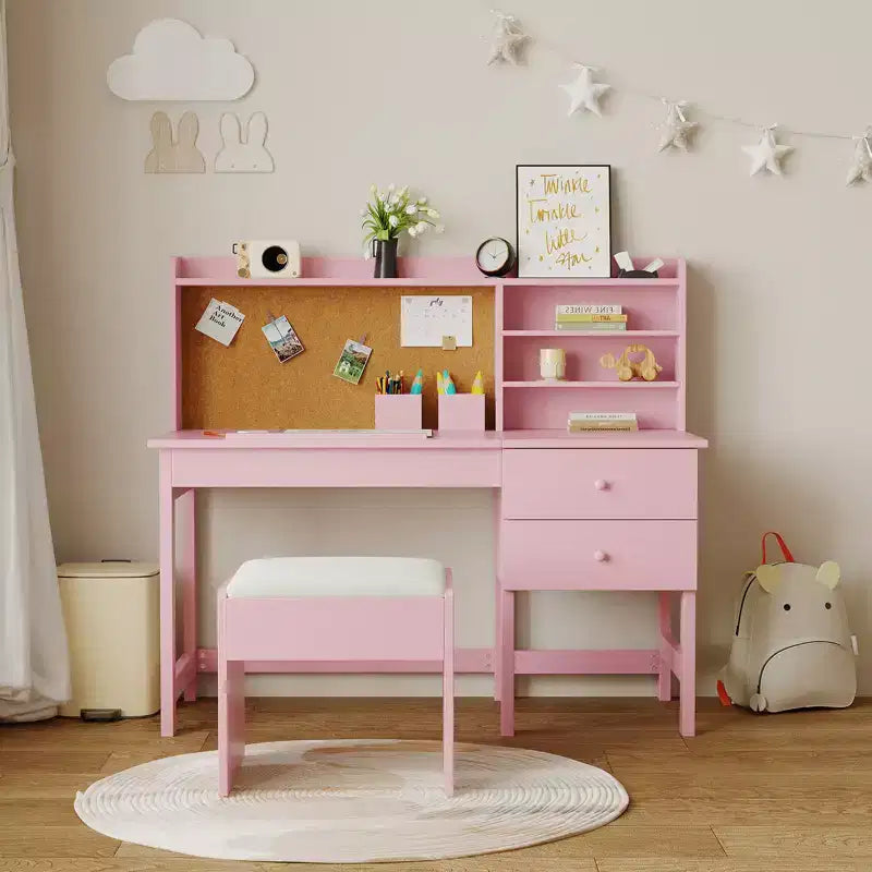 Acekool Set Scrivania e Sedia per Bambini, Scrivania Inclinabile Regolabile con Cassetti e Pannello in Sughero, per Bambini dai 3 agli 8 Anni, Bianco/Rosa/Blu