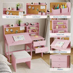 Acekool Set Scrivania e Sedia per Bambini, Scrivania Inclinabile Regolabile con Cassetti e Pannello in Sughero, per Bambini dai 3 agli 8 Anni, Bianco/Rosa/Blu